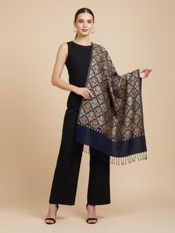 MUFFLY - Opulent Blue Stole All-Over Gold Paisley Woven Blended Wool