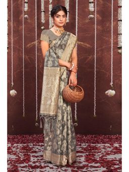 Sangam Prints - Grey Organza Woven Zari Work Traditional Tassel Saree with Unstitched Blouse