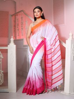 CHARUKRITI - White Cotton Handwoven Saree with Ikkat Design with Unstitched Blouse