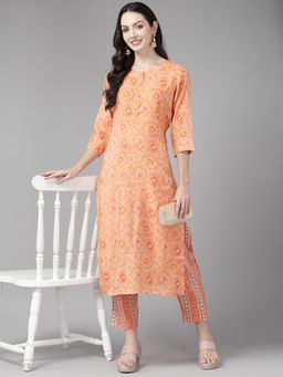 CAYMAN - Orange Floral Printed Gotta Patti Kurta with Pant