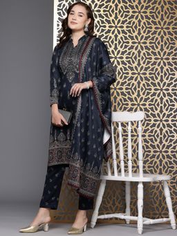 CAYMAN - Navy Blue Ethnic Motifs Printed Regular Kurta with Pant and Dupatta