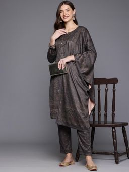 CAYMAN - Dark Grey Ethnic Motifs Floral Printed Kurta with Pant and Dupatta
