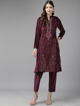 CAYMAN - Burgundy Ethnic Motifs Embroidered Regular Velvet Kurta with Pant