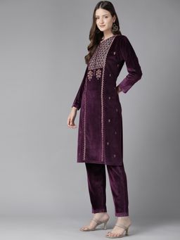 CAYMAN - Burgundy Floral Embroidered Panelled Sequinned Kurta with Pant