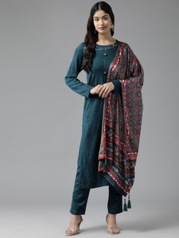 CAYMAN - Teal Floral Regular Kurta with Pant and Dupatta