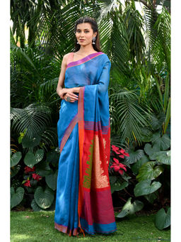 Beatitude - Blue Handwoven Cotton Silk Saree with Unstitched Blouse