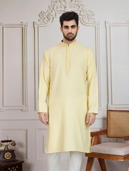 Sanwara - Men Solid Light Yellow Cotton Kurta