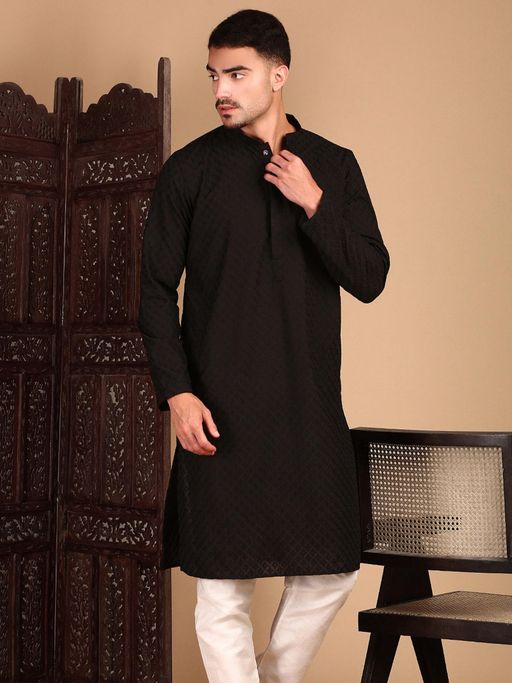 Sanwara Men Embroidered Chikankari Black Elegant Handcrafted Kurta