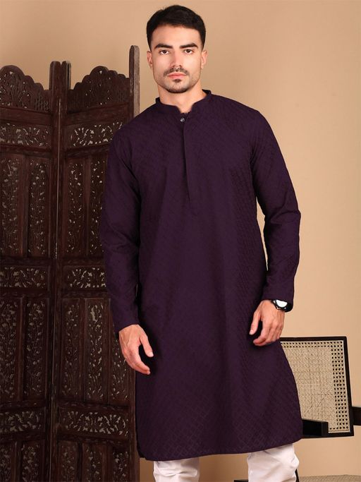 Sanwara Men Embroidered Chikankari Purple Elegant Handcrafted Kurta