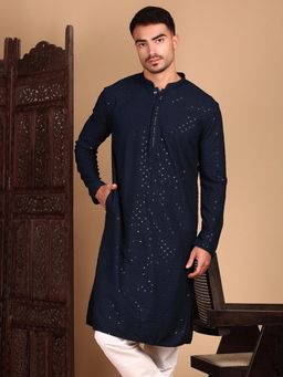 Sanwara - Shimmering Men's Deep Blue Sequin Exquisite Chikankari Work Kurta