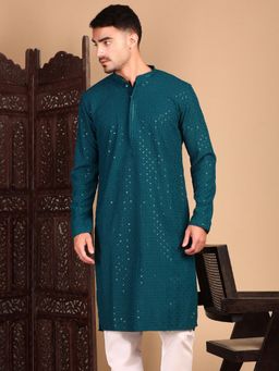 Sanwara - Shimmering Men's Ferozi Sequin Exquisite Chikankari Work Kurta