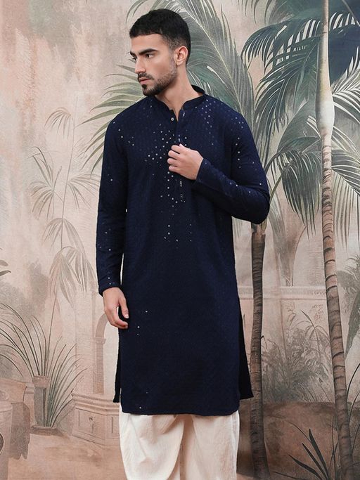 Sanwara Men Deep Blue Sequin Exquisite Chikankari Work Kurta