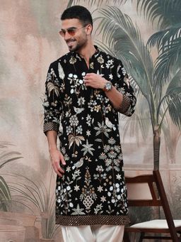 Sanwara - Men Black Polyester Floral Print with Heavy Embellished Work Kurta