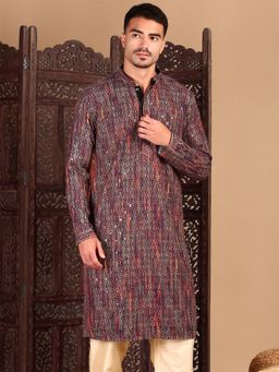 Sanwara - Chic Men Embroidered Pattern Orange with Sequin Kurta