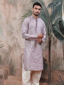 Sanwara - Men Purple Embroidered Rayon Kurta
