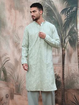 Sanwara - Men Steel Green Embroidered Rayon Kurta