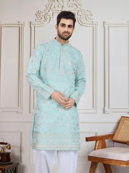 Sanwara - Unleash Your Style with Men's Steel Green Embroidered Work Designer Kurta
