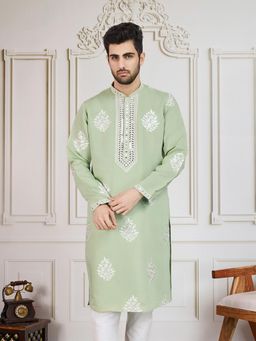 Sanwara - Unleash Your Style with Men's Parrot Green Embroidered Work Designer Kurta