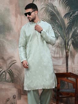 Sanwara - Chic Men V pattern Steel Green Chikankari with Sequin Kurta