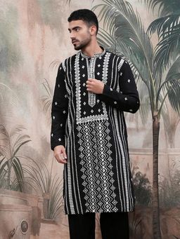 Sanwara - Chic Men V pattern Black Chikankari with Sequin Kurta