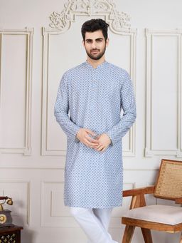 Sanwara - Unleash Your Style with Men's Blue Printed with Sequins Work Kurta