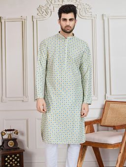 Sanwara - Unleash Your Style with Men's Light Yellow Printed with Sequins Work Kurta