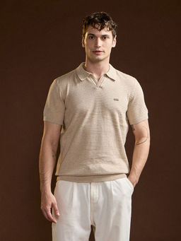 The Bear House - Men Beige Textured Polo T-Shirt