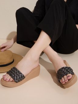 Inc.5 - Women Black Party Wear Printed Open Toe Wedges