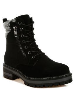 London Rag - Black Knitted Collar Zip-Up Hiker Casual Boots
