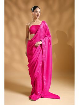 HANDME - Glamourous Pink Sequins Pre-Draped Saree with Unstitched Blouse