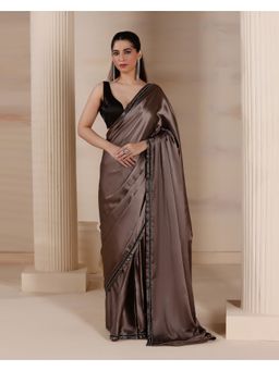 HANDME - Pre-Draped Grey Pearl Smoke Satin Aura Saree with Unstitched Blouse