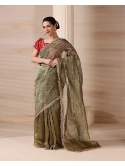 HANDME - Pre-Draped Emerald Whisper Green Saree with Unstitched Blouse