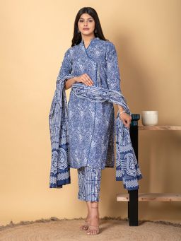 Readiprint - Women Blue Paisley Mandarin Neck Kurta with Pant and Dupatta