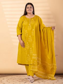 Readiprint - Plus Size Mustard Floral Kurta with Pant and Dupatta