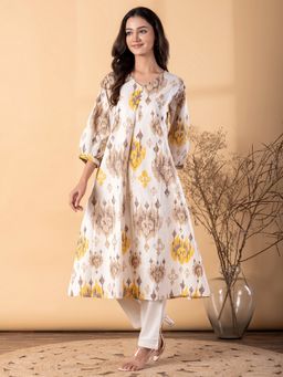 Readiprint - Women Off White Blend Self Design V-Neck Kurta with Pant