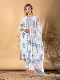 Readiprint - Womens Blue Blend Floral Kurta with Pant and Dupatta