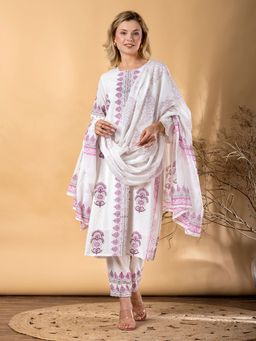 Readiprint - Womens White Blend Floral Kurta with Pant and Dupatta