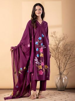 Readiprint - Women Wine Printed V-Neck Kurta with Pant and Dupatta