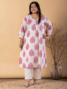 Readiprint - Plus Size Pink Blend Floral V-Neck Kurta with Pant