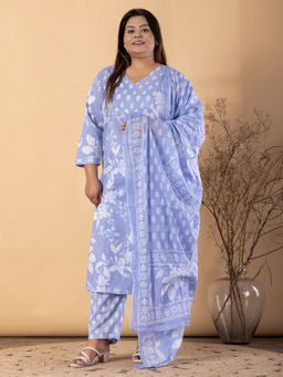 Readiprint - Plus Size Blue Floral V-Neck Kurta with Pant and Dupatta
