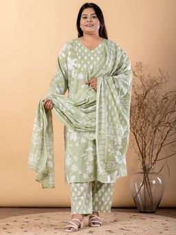 Readiprint - Plus Size Green Floral V-Neck Kurta with Pant and Dupatta