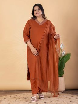 Readiprint - Plus Size Rust Blend Solid V-Neck Kurta with Pant and Dupatta