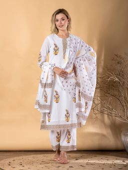 Readiprint - Women Brown Floral Round Neck Kurta with Palazzo and Dupatta