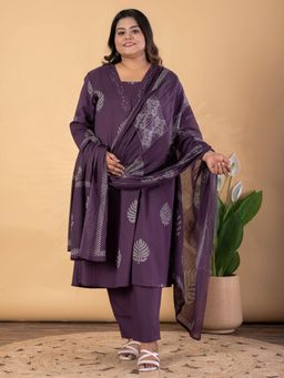 Readiprint - Plus Size Purple Pure Cotton Floral V-Neck Anarkali Kurta with Pant and Dupatta