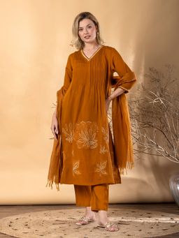 Readiprint - Women Brown Chanderi Silk Floral V-Neck Kurta with Pant and Dupatta