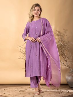 Readiprint - Womens Purple Chanderi Silk Embroidered Kurta with Pant and Dupatta