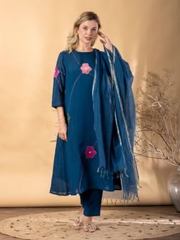 Readiprint - Women Teal Chanderi Silk Floral Kurta with Pant and Dupatta