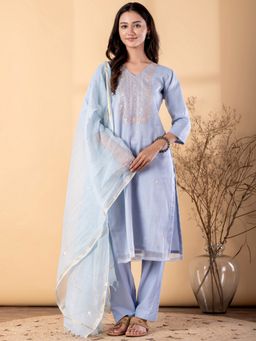Readiprint - Women Blue Silk Embroidered V-Neck Kurta with Pant and Dupatta