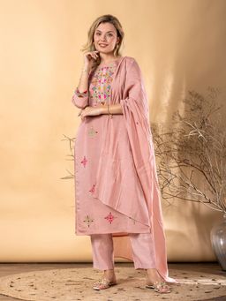 Readiprint - Women Peach Chanderi Silk Embroidered Kurta with Pant and Dupatta