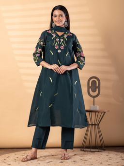 Readiprint - Womens Green Chanderi Silk Embroidered V-Neck Kurta with Pant and Dupatta
